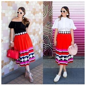 Kate Spade - Red Multi Haute Stuff Geo Border Poplin A-line Midi Skirt